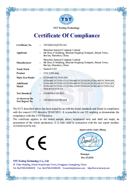 Suntech UVC LED Strip CE, RoHS, FCC Certificates News Shenzhen